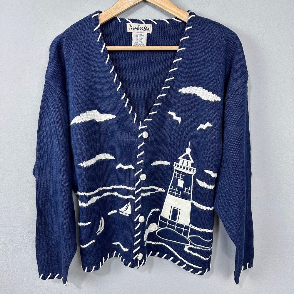 Vintage Cardigan Top Set Womens Size L Navy Blue Nautical Lighthouse Timberlea - Picture 15 of 15